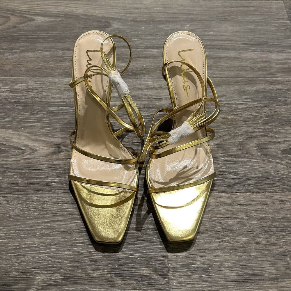 NEW Lulus SZ 9 Gold Sanga Strappy Square Toe Stiletto High Heels Tie Up Metallic - Picture 5 of 11